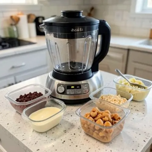 Cómo aprovechar el robot de cocina para batch cooking con vaso en uso, ingredientes por tandas y varios recipientes listos sobre la encimera
