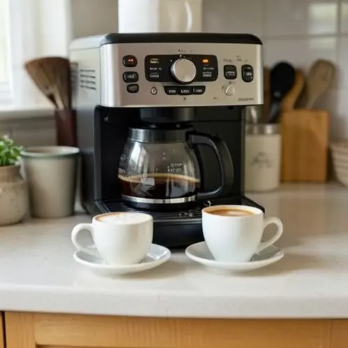 Cómo elegir una cafetera si bebes café solo o con leche al comparar una taza de espresso y otra de café con leche en una cocina doméstica