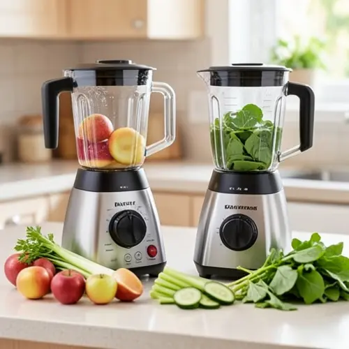 Licuadora para frutas blandas o verduras fibrosas con dos sistemas de extracción y varios ingredientes listos sobre una encimera doméstica