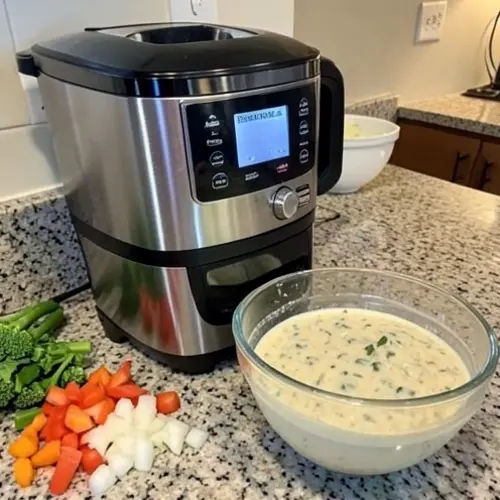 Robot de cocina para sopas y cremas con vaso amplio, verduras cortadas y una crema caliente lista en una encimera doméstica