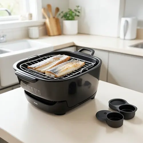 Freidora de aire para cocinar pescado con lomos sobre una rejilla amplia y accesorios fáciles de limpiar en una encimera doméstica