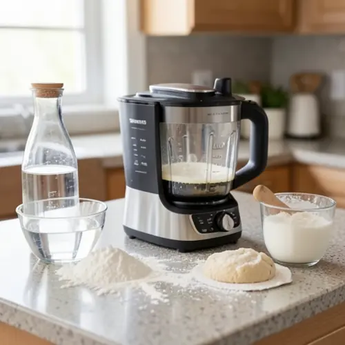 Robot de cocina para hacer masas qué mirar antes de comprar con ingredientes de pan, vaso y trabajo de amasado en cocina real