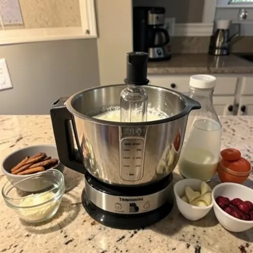 Señales de que tu robot de cocina se ha quedado corto con vaso casi lleno y preparaciones esperando en una encimera doméstica