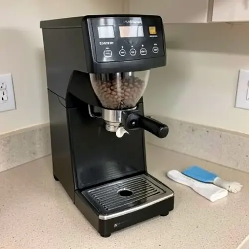 Que mantenimiento necesita una cafetera con molinillo integrado con deposito de grano visible, bandeja limpia y utiles de limpieza en una encimera