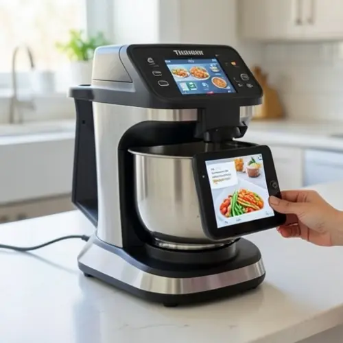 Cuando compensa un robot de cocina con pantalla grande mostrando una receta guiada visible desde la encimera en una cocina domestica