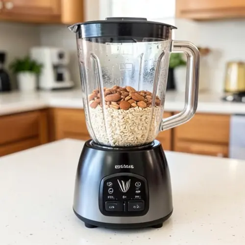 Se puede hacer harina de avena o frutos secos con una batidora normal mostrando avena, almendra y una batidora domestica en uso real