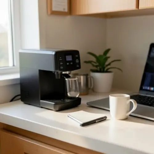 Cafetera para oficina en casa que mirar antes de comprar con espacio de escritorio cercano, taza y uso real en teletrabajo