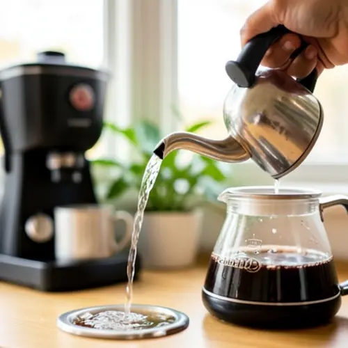 Hervidor de cuello de cisne sirviendo 300 a 500 ml con flujo estable junto a una estacion de cafe filtro domestica