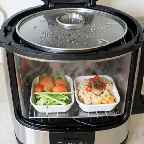 Función vapor en robot de cocina con Thermomix abierta al final, condensación controlada y piezas cocidas en dos niveles sin apelmazarse