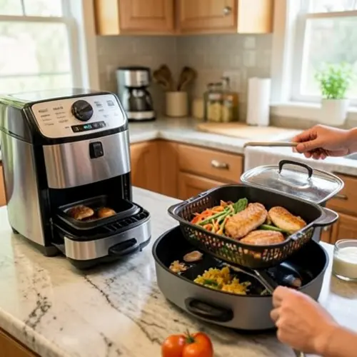 Freidora de aire con dos cajones y modelo de cajón grande resolviendo cenas distintas en una cocina doméstica