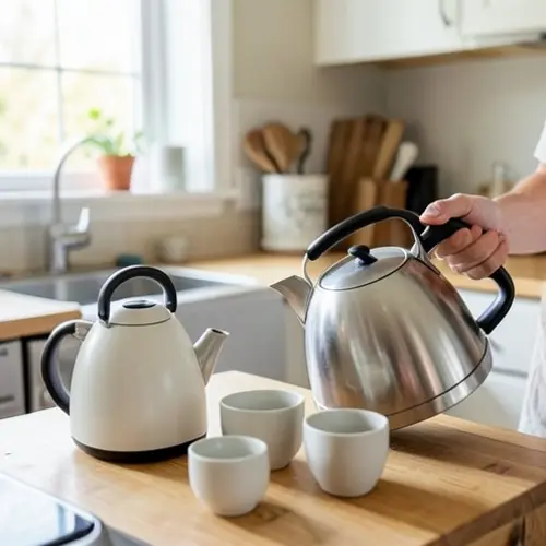 Hervidor pequeño y hervidor grande sirviendo varias tazas con comparación de peso y espacio en una cocina doméstica