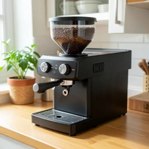 Cafetera con molinillo integrado en encimera con depósito de grano visible y preparación doméstica diaria