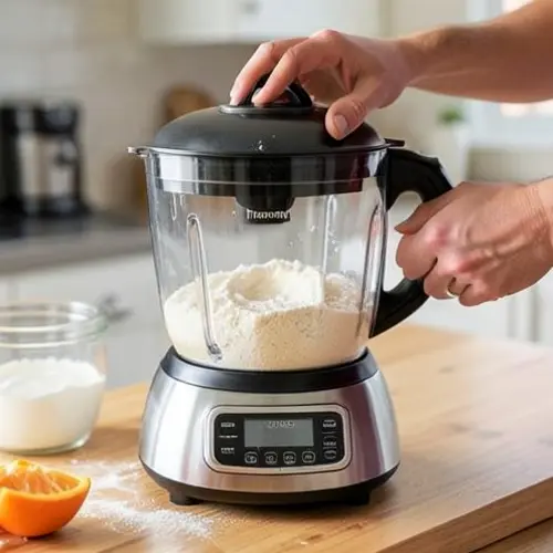 Robot de cocina con báscula integrada pesando harina y líquido en una preparación doméstica por pasos