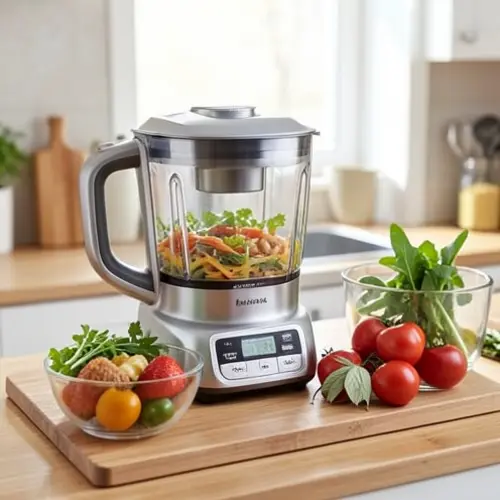 Robot de cocina compacto apoyando una comida familiar con dos tandas y preparación parcial en encimera real