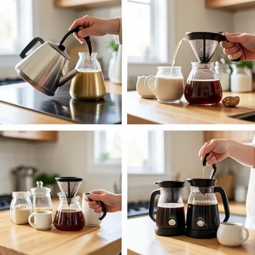 Hervidor para té y café con agua servida en rangos distintos y preparación doméstica de infusión y café filtrado
