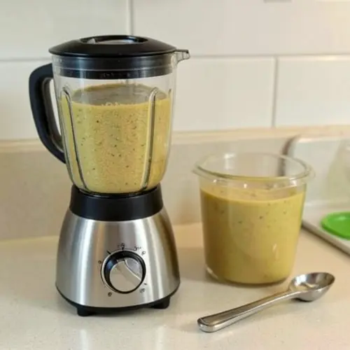 Batidora para cremas y sopas con tapa segura, control progresivo y una crema servida con textura homogénea