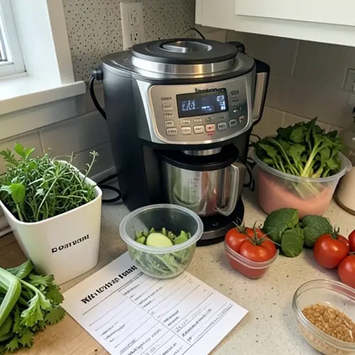 Thermomix en una sesión de planificación semanal con recipientes etiquetados, verduras preparadas y menú visible en cocina ordenada
