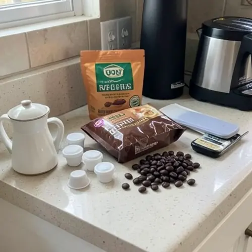 Rutina de café en casa con cápsulas, paquete de café molido y café en grano junto a utensilios de uso diario