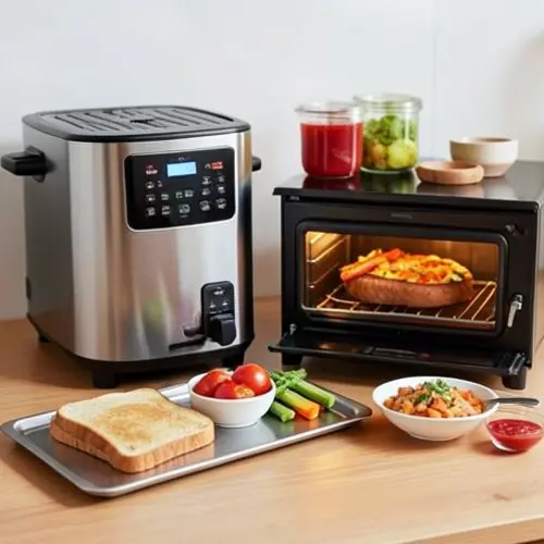 Freidora de aire o horno pequeño con raciones reales, tostadas y verduras para comparar uso diario