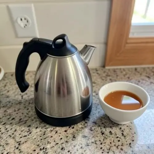 Limpieza de hervidor tras un uso incorrecto con paño, filtro y taza preparada en una cocina doméstica