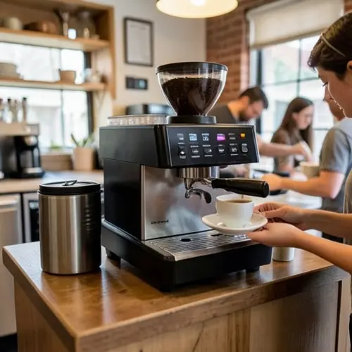 Cafetera silenciosa en cocina abierta con bandeja estable, taza servida y escena de uso cotidiano sin exceso de vibración