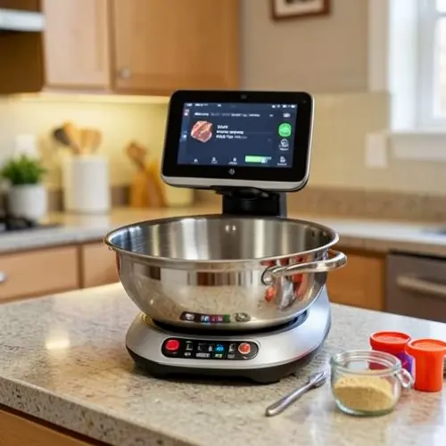 Robot de cocina con diferencia de gama visible en capacidad, pantalla y accesorios durante una preparación doméstica real