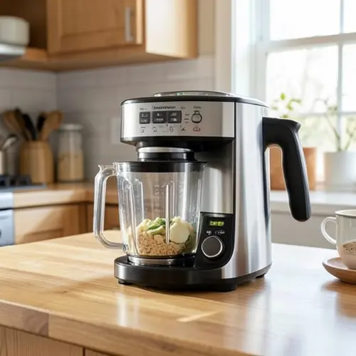 Robot de cocina con funciones automáticas activas, limpieza rápida y receta por pasos en una cocina real