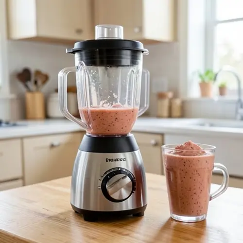Batidora silenciosa qué mirar antes de comprar con base estable, tapa cerrada y smoothie servido en una cocina de uso diario