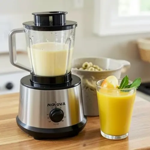 Licuadora para verduras duras qué mirar antes de comprar con boca de entrada, pulpa y vaso de zumo en encimera doméstica