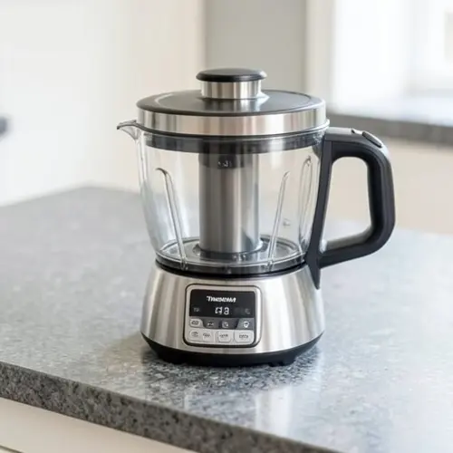 Robot de cocina colocado con espacio alrededor sobre una encimera firme para reducir vibración y ruido en el uso diario