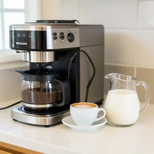 Cafetera con jarra de leche, vaporizador y taza de cappuccino como escena real de uso diario en casa