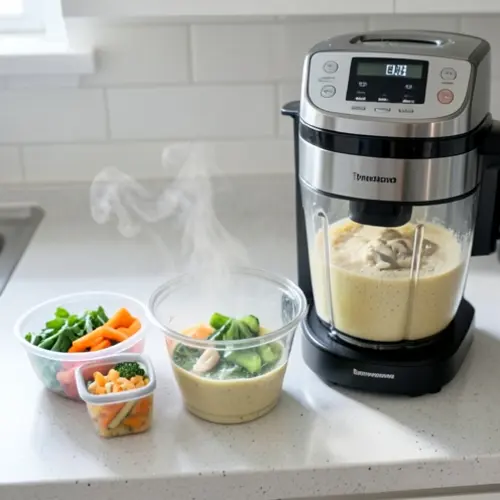 Batch cooking con robot de cocina y recipientes porcionados, verduras al vapor y una base ya triturada lista para guardar