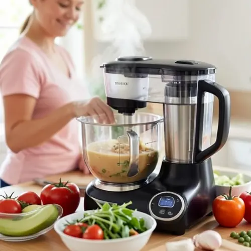 Robot de cocina con capacidad media, vaporera y controles sencillos durante una preparación doméstica para dos o tres personas