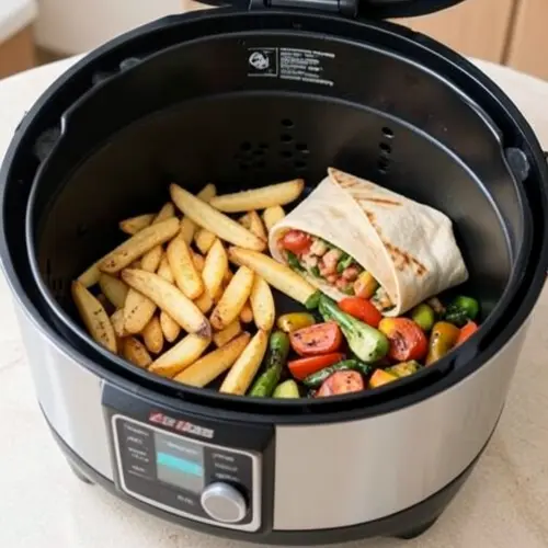 Freidora de aire con patatas gajo, verduras y wraps listos como repertorio inicial fácil en una cocina real