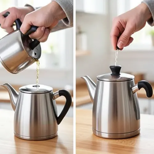 Comparación entre hervidor económico y premium con diferencias visibles en materiales, tapa y vertido en una cocina doméstica ordenada