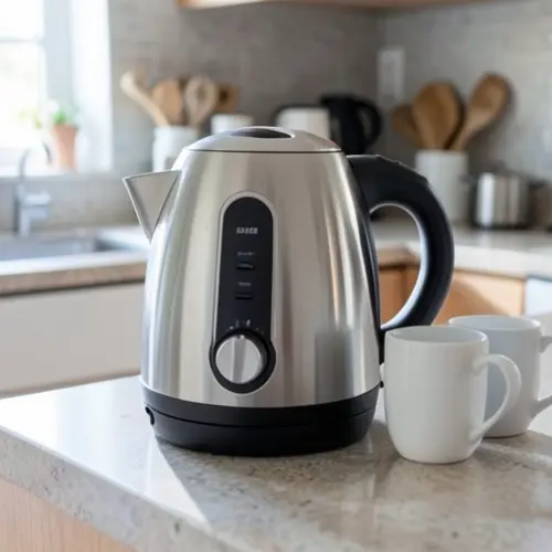 Hervidor con selector sencillo, base giratoria y vertido limpio junto a tazas de uso diario en una cocina real