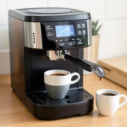 Cafetera en calentamiento con panel claro, segunda taza preparada y contexto de uso diario en casa