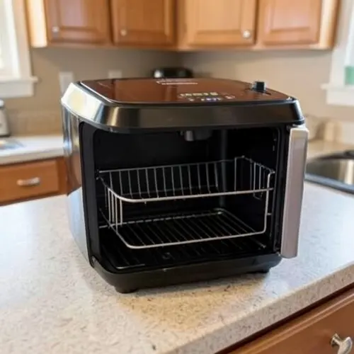 Freidora de aire silenciosa con cesta estable, encimera ordenada y cocinado cotidiano sin exceso de vibración