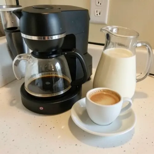 Cafetera doméstica con espresso servido, jarra de leche y taza de café con leche como escena real de uso diario en casa