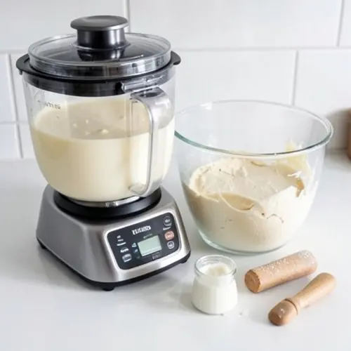 Thermomix con crema caliente y masa integrada junto a accesorios básicos para ilustrar recetas donde el robot mejora textura y constancia