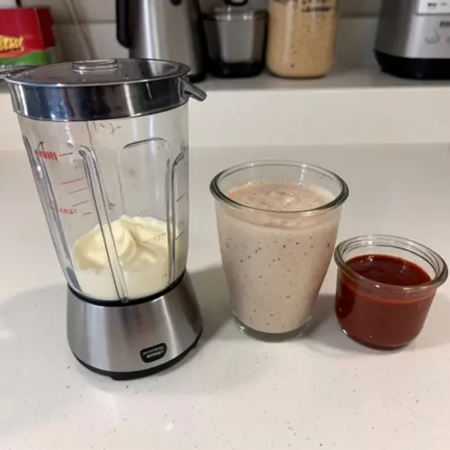 Vaso de batidora con crema lisa, smoothie y salsa para mostrar cómo cambia la textura según la velocidad usada
