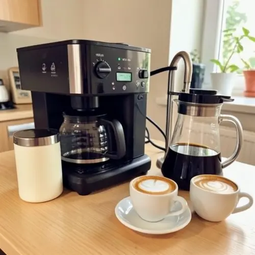 Comparativa de una cafetera con depósito de leche y otra con vaporizador junto a tazas de cappuccino y latte en un desayuno doméstico