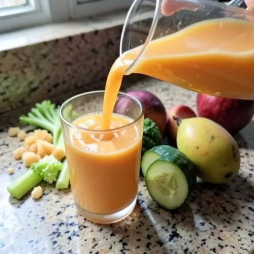 Pulpa más seca y jugo servido junto a apio, pepino y fruta madura para mostrar el rendimiento de una licuadora doméstica