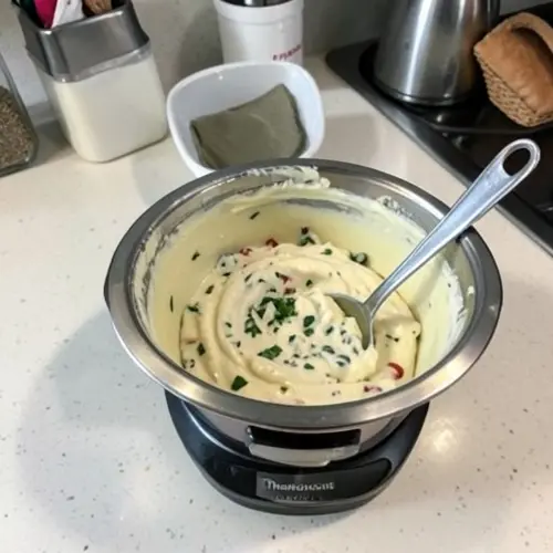 Vaso de robot con crema de verduras recién triturada y utensilios preparados para servir y limpiar después