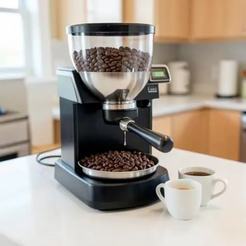 Tolva de superautomática con café en grano de tueste medio y dos tazas servidas para mostrar un uso doméstico diario