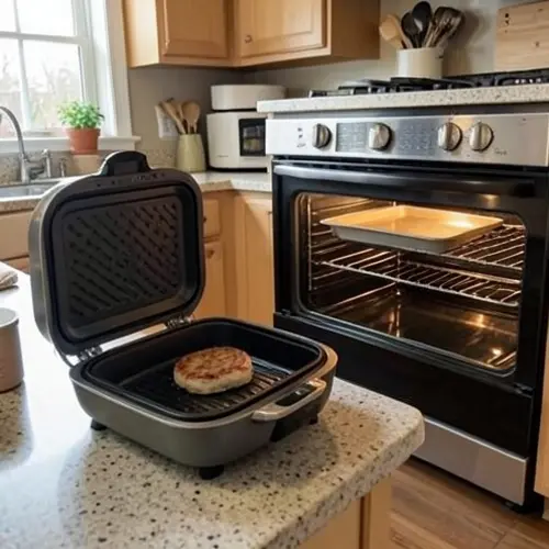 Freidora de aire abierta y horno precalentado mostrando la diferencia entre una ración pequeña y una bandeja grande en cocina doméstica