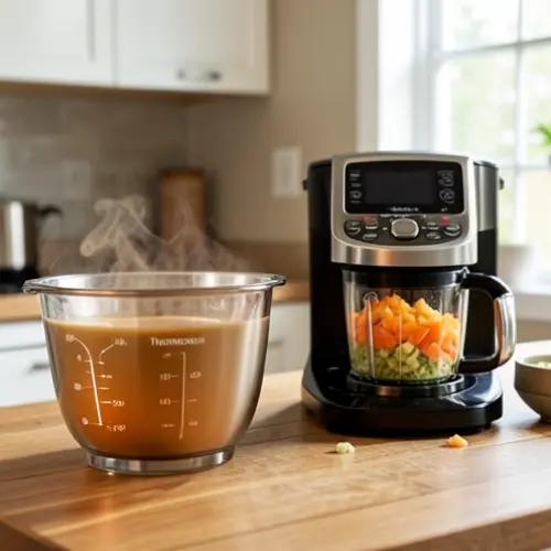 Thermomix con vaso caliente frente a robot de preparación sin cocción y varios ingredientes de uso diario sobre una cocina doméstica