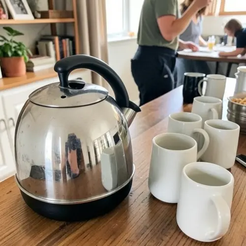 Hervidor con varias tazas, nivel de agua visible y base giratoria preparado para un uso doméstico intensivo