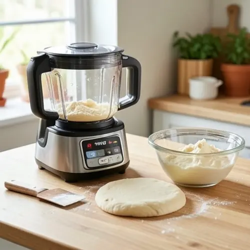Robot de cocina para hacer masas qué mirar antes de comprar con masa elástica, espátula y vaso comparado en una encimera