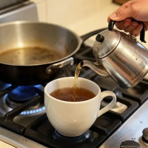 Hervidor eléctrico sirviendo agua caliente para una infusión mientras un cazo queda en segundo plano sobre la cocina